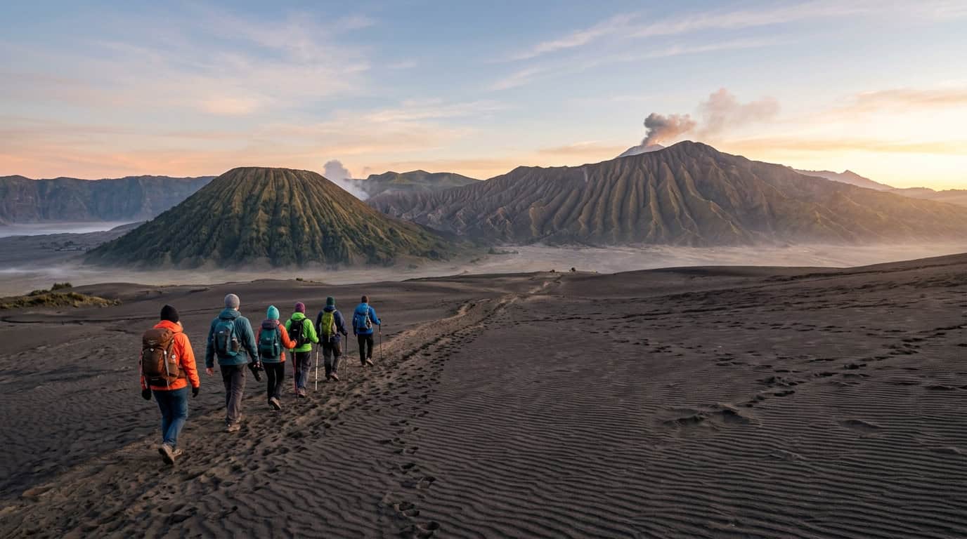 Chasing The Golden Light Atop Mount Bromo Crossing The Sea Of Sand To The Crater Rim